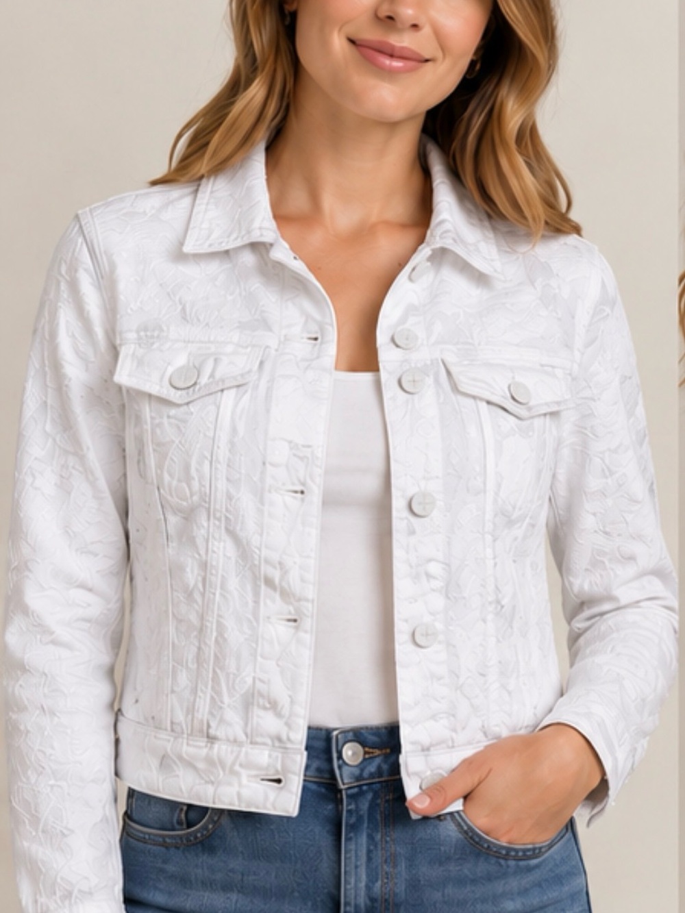 Floral Embroidered White Denim Jacket Liverpool size Small